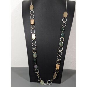Boho Two Tone Hammered Rutliated Quartz Green Brown Jasper Stone Necklace 38"